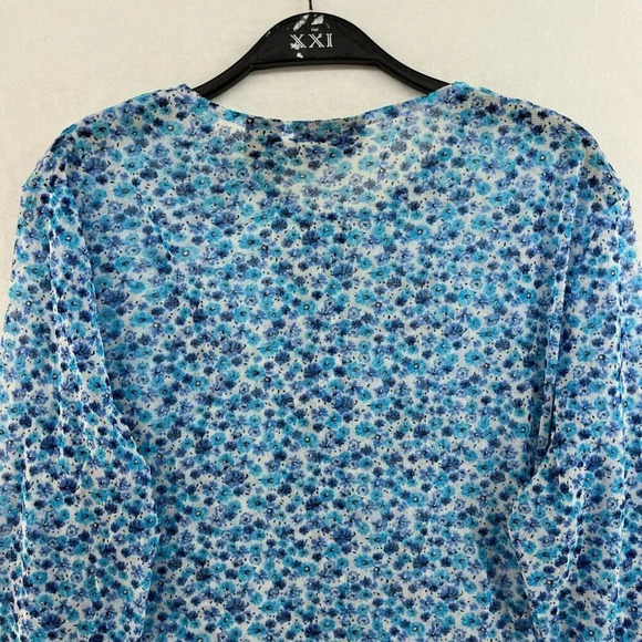 New York & Company Blouse Womens XL Blue Floral Button-Up Round Neck Long Sleeve - Picture 8 of 11